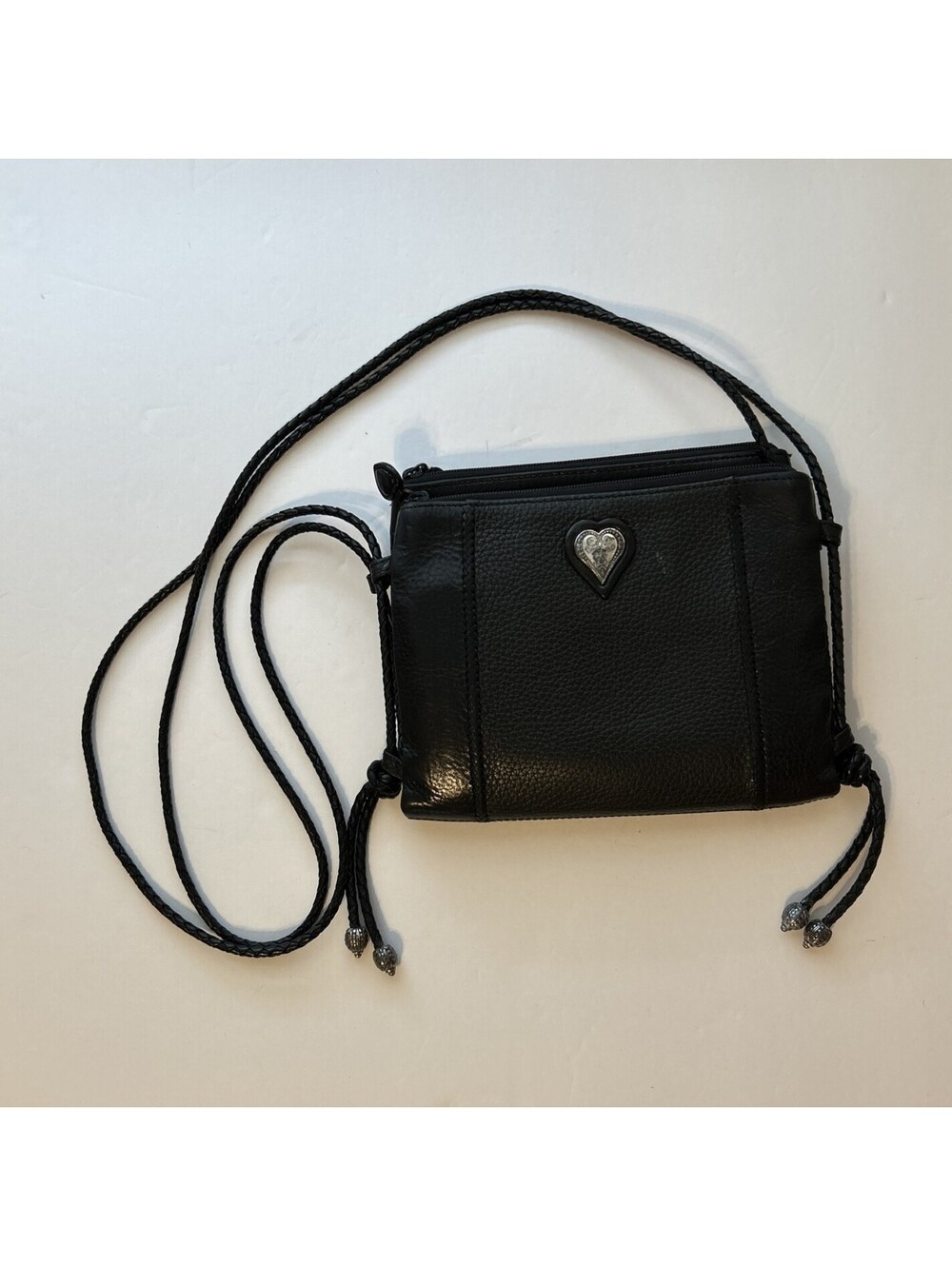 Brighton Black Small crossbody Bag Braided Strap Heart Zip Top Inner Pockets